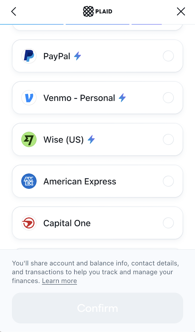 Plaid account linking on Loftd mobile — Select accounts